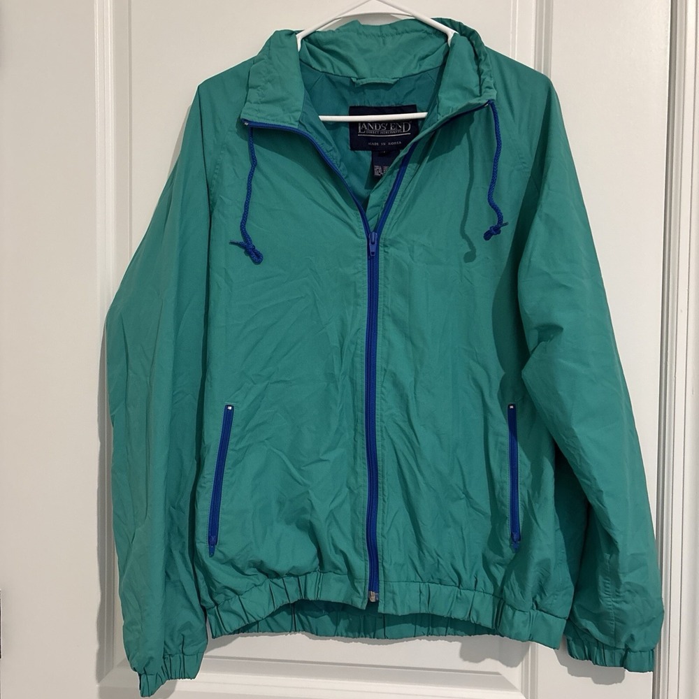 Lands End Windbreaker Jacket‎ L Vintage 90s Turquoise Zip Up